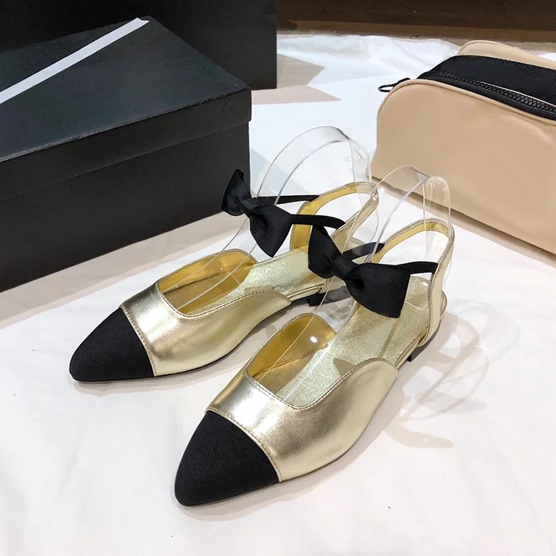 

ollymurs Women's Fairy Bowknot Sandals Pointed Toe Flats Patchwork Leather Ankle Strap Elegant Female Prom Shoes