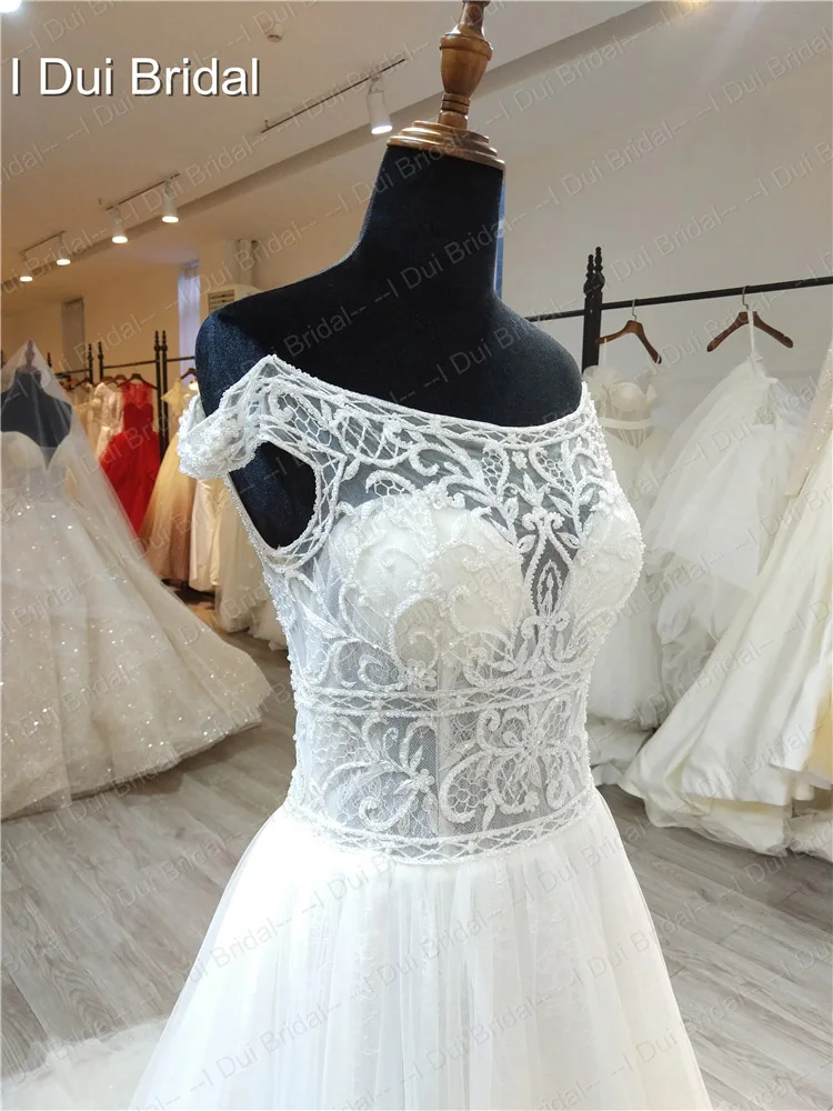 Off Shoulder Wedding Dress with Short Sleeve Beaded A Line Bridal Gown Illusion Corset
