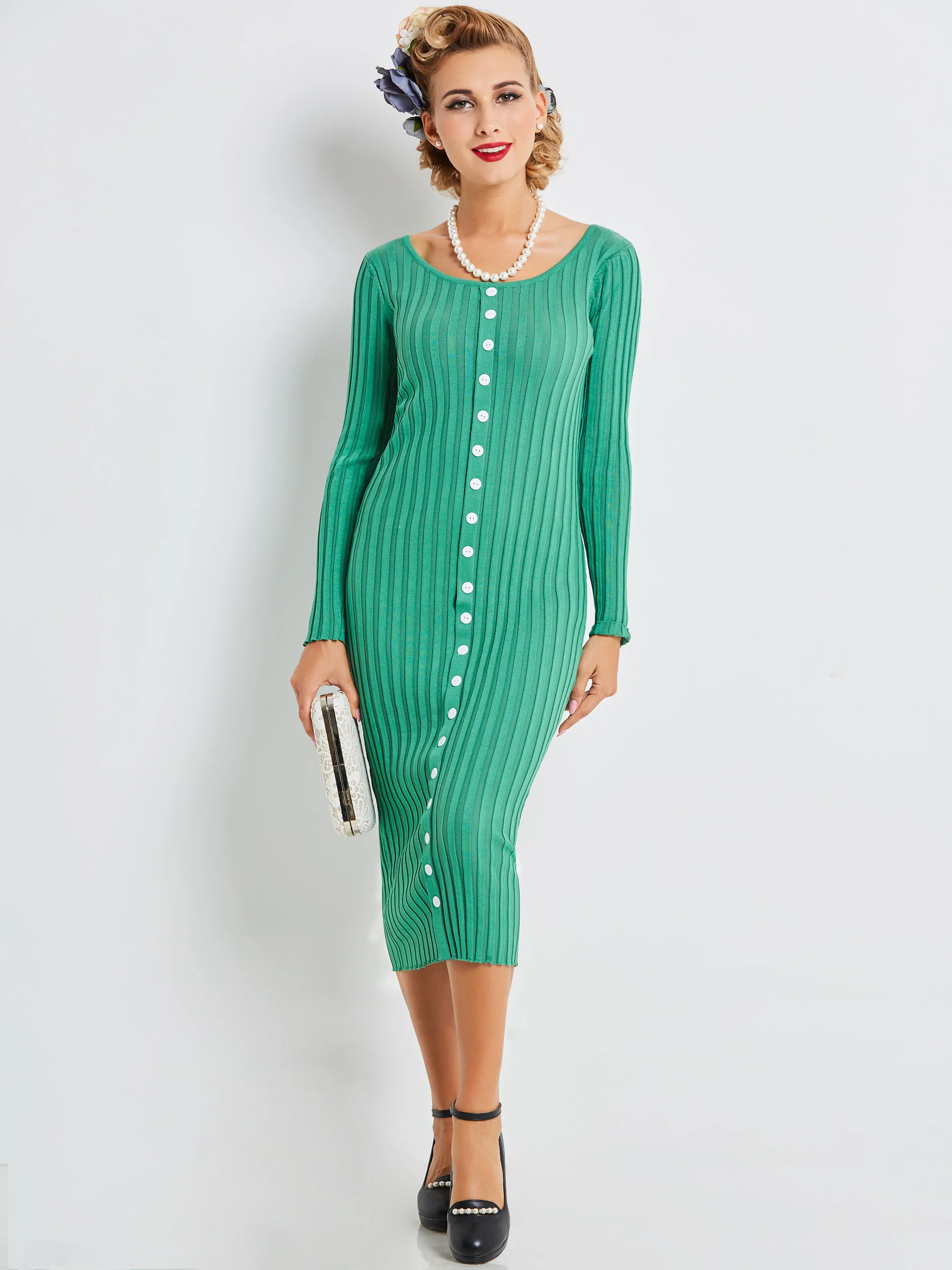 Женские платья средней длины винтажное зеленое элегантное офисное женское
