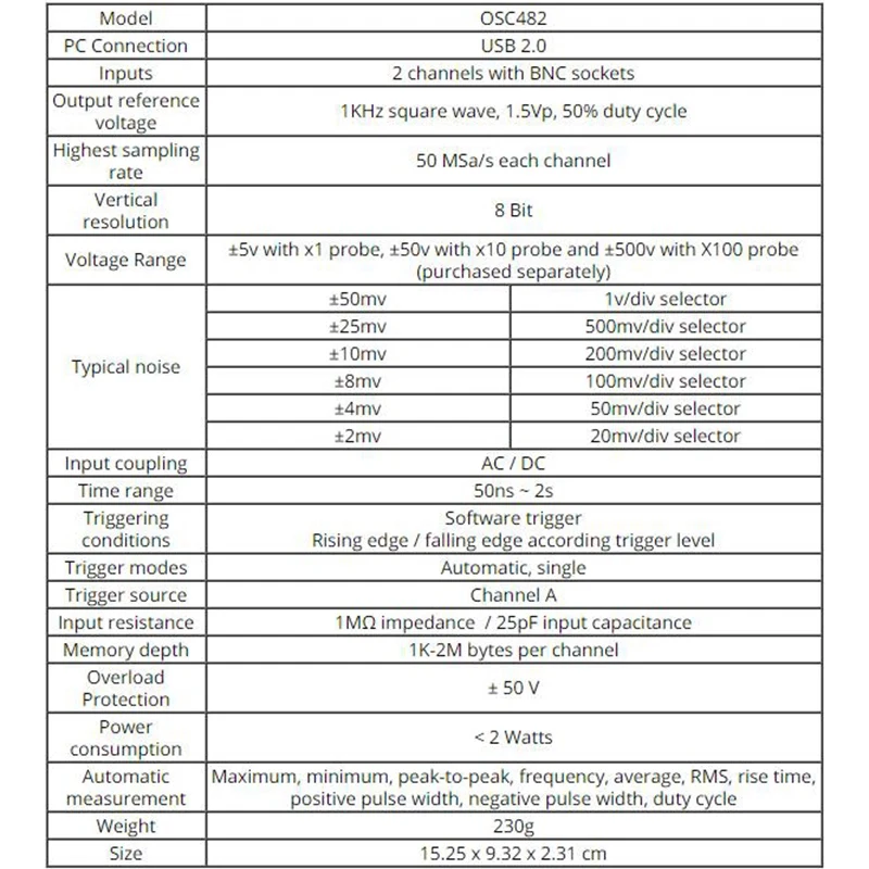 

USB PC Virtual Digital Oscilloscope OSC482 Android USB 2.0 Bandwidth 20Mhz Sampling Data 50MSa/S Oscilloscope