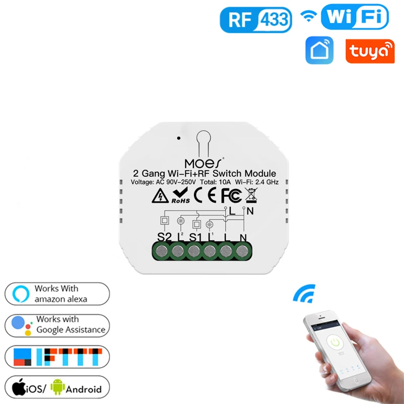 

Tuya Smart Life Wifi And RF433MHz Switch Relay Breaker Smart Lighting Google Home Alexa Echo Remote Control App Timer 10A