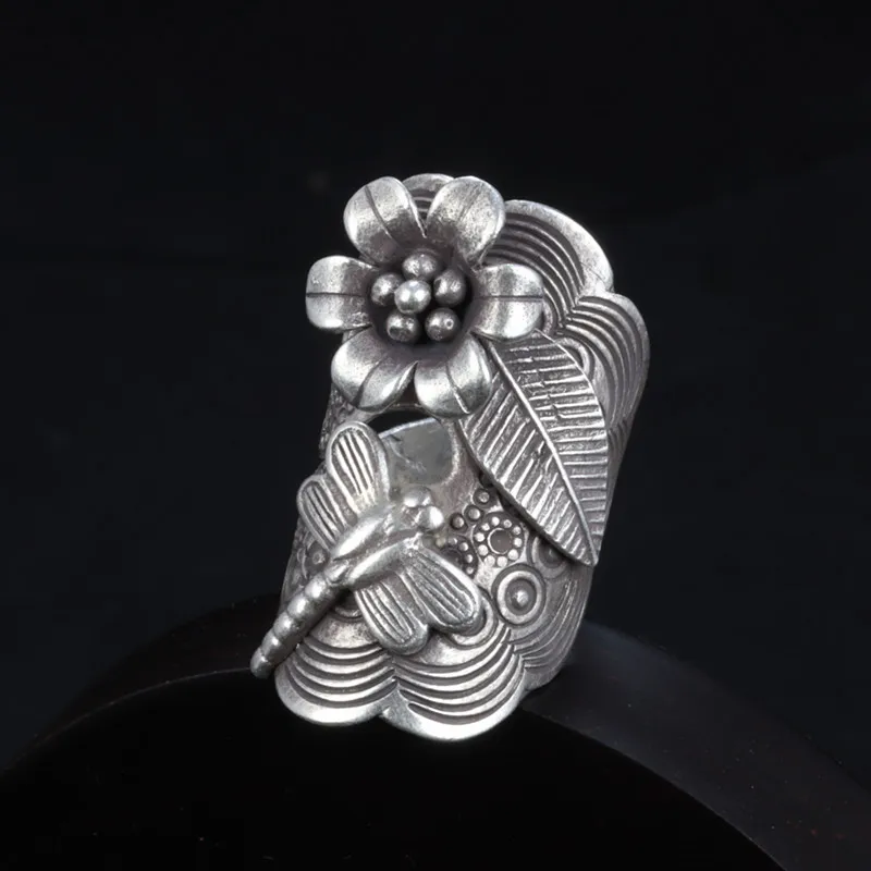 

Fashion S925 Sterling Silver Handmade Dragonfly Leaf Flower Wide Exaggeration Woman Ring Long Opening 16g Suitable for everyone