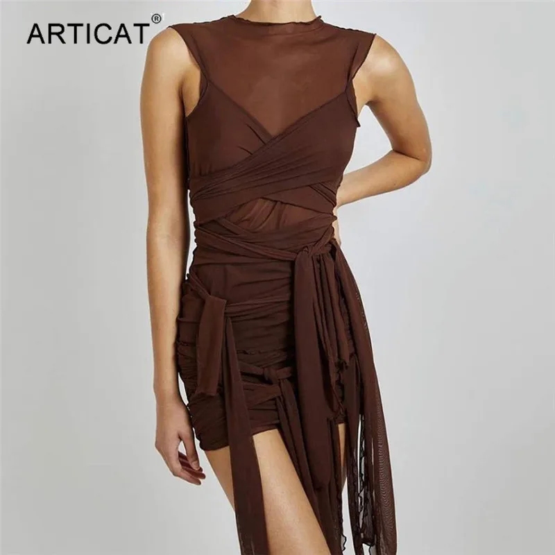 

Articat 2021 Spring See Through Women's Dress Elegant Bandage Sleeveless Mesh Party Ladies Sexy Backless Skinny Basic Dress