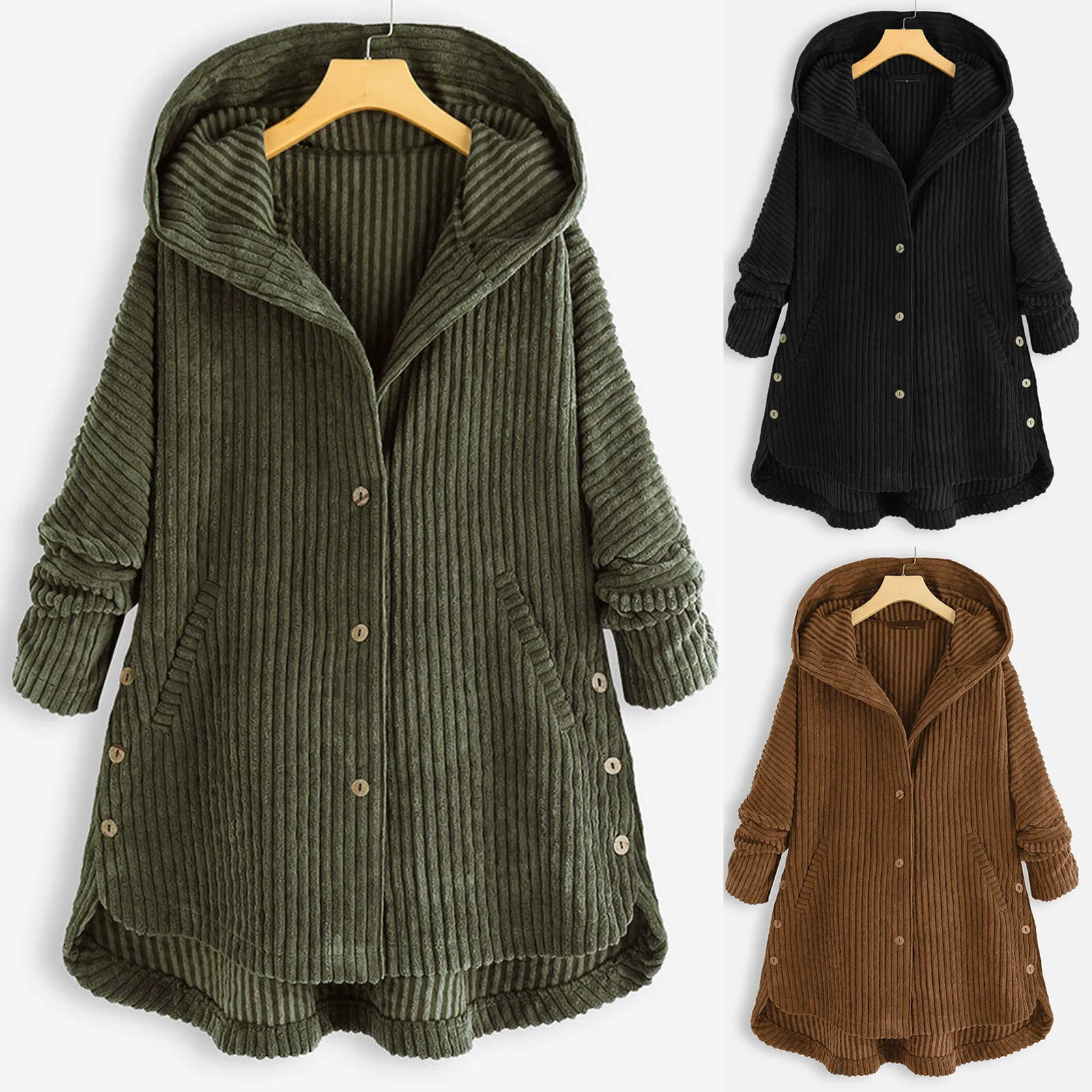 

Women Hooded Cardigan Jackets Winter Warm Fleece Coats Long Sleeve Solid Teddy Bear Jacket Button Outerwear Coat With Pocket