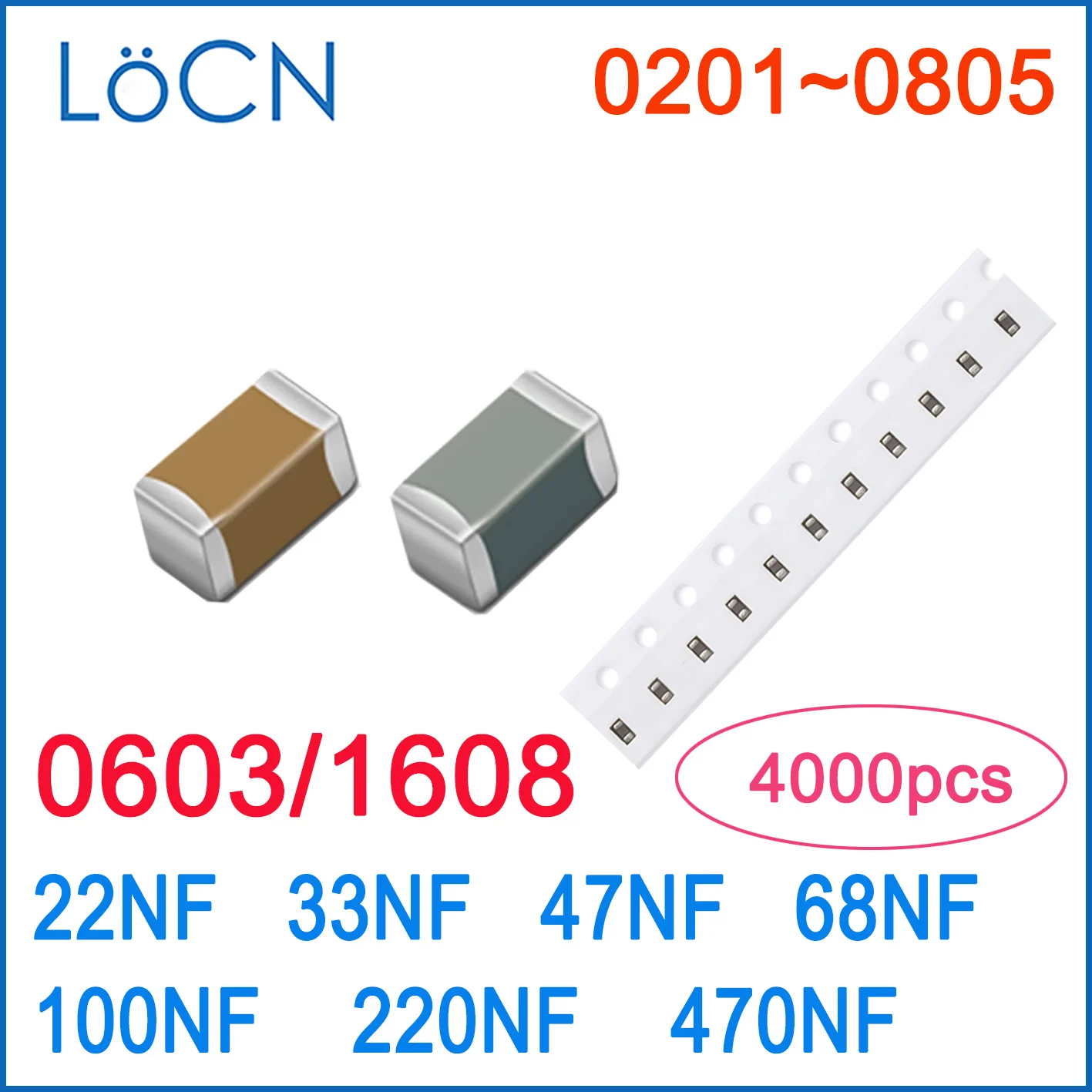 4000PCS SMD 0603 1608 X7R 22NF 33NF 47NF 68NF 100NF  220NF 470NF RoHS 16V 25V 50V 10% SMD Capacitor High Quality