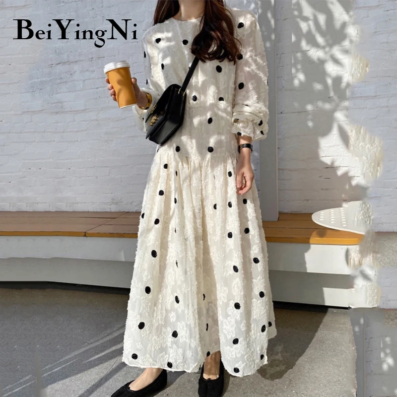 

Beiyingni Women Oversized Midi Dress Korean Style Elegant Dots Long Dresses Cute Sweet O-neck Fashion Vintage Vestidos Female