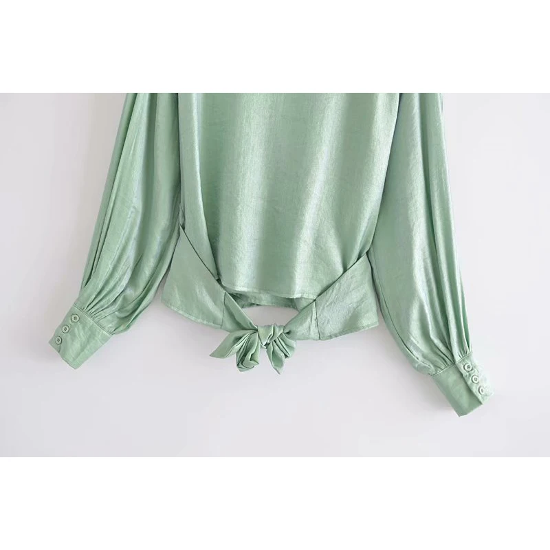 

2021 Women Fashion With Bandage Bow Solid Cropped Blouse V-neck Long Sleeves Vintage Female Shirts Chic Tops