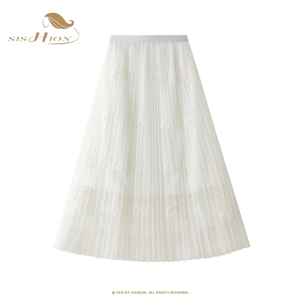 

Korean Style Beaded Lace Long Pleated Skirt VD1802 Ankle Length Tulle Mesh Summer Apricot Black White Skirt