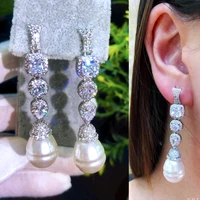 soramoore luxury big pearl dangle earrings for women wedding waterdrop cubic zirconia bridal jewelry accessories indian jewelry