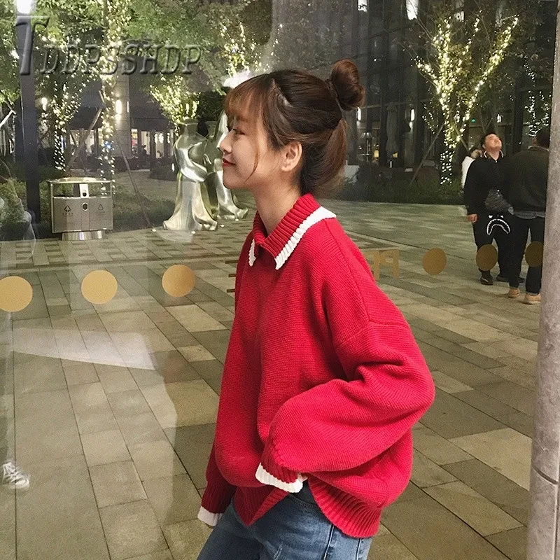 

2019 Harajuku Autumn Winter Women Sweater Lapel Loose Knitting Female Bottoming Sweaters