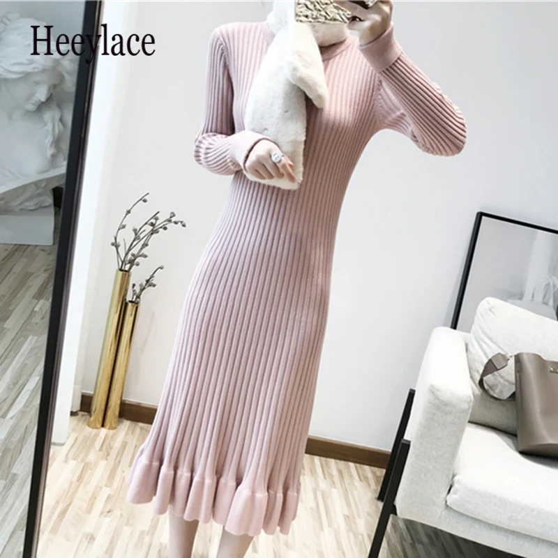 

Autumn Winter Warm Knitted Women's Mermaid Dresses 2021 New Pink High Waist Long Sleeve O-Neck Chic Sweater Dress Female