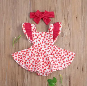 Детские комбинезоны для маленьких девочек с оборками и рукавами-фонариками, милый бандажный комбинезон с сердечками, повязка на голову, детская одежда на День святого Валентина