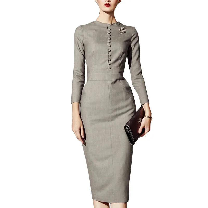

WEPBEL Women Elegant Party Dress Office Lady Long Sleeve O Neck Single Breasted High Waist Pencil Dress