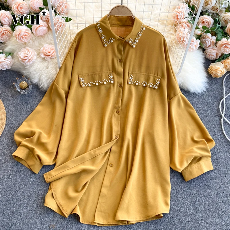 

VGH Casual Patchwork Pearls Straight Blouse Female Lapel Long Sleeve Fashion Temperament Shirt For Women Autumn Style 2021 New