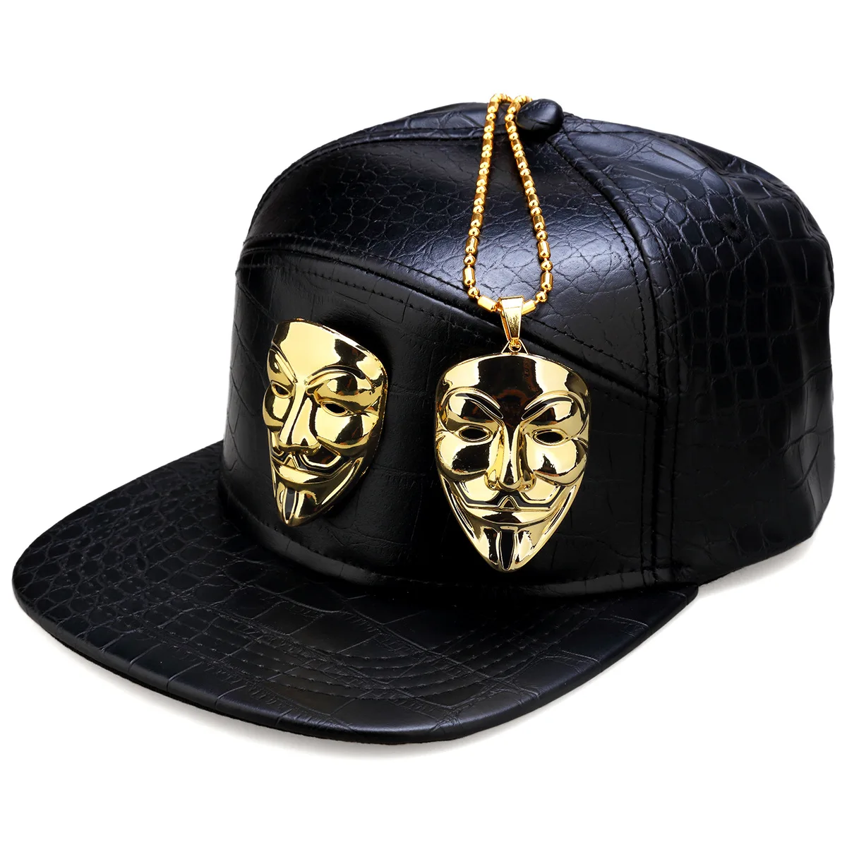 

Hip Hop Snapback Caps V For Vendetta Baseball PU Leather 5 Panel Metal Casual Belt Buckle Trend Hat Men Black Red Gold Summer