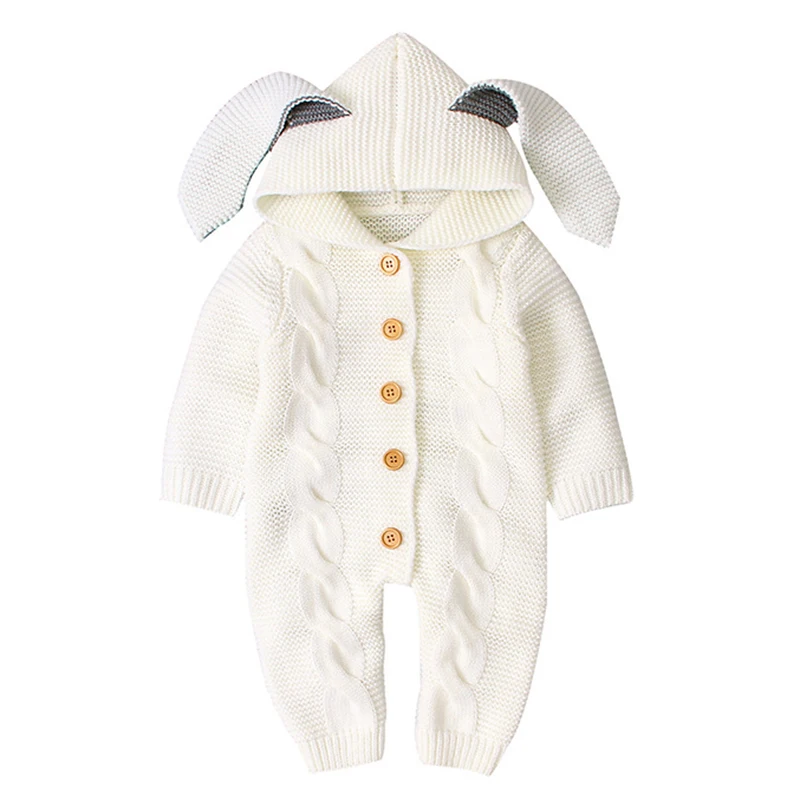 

Baby Girl Sweaters Rompers Wool Knitting Newborn Infant Baby Girl Boy Winter Warm Coat Knit Outwear 3D Ear Hooded Jumpsuit