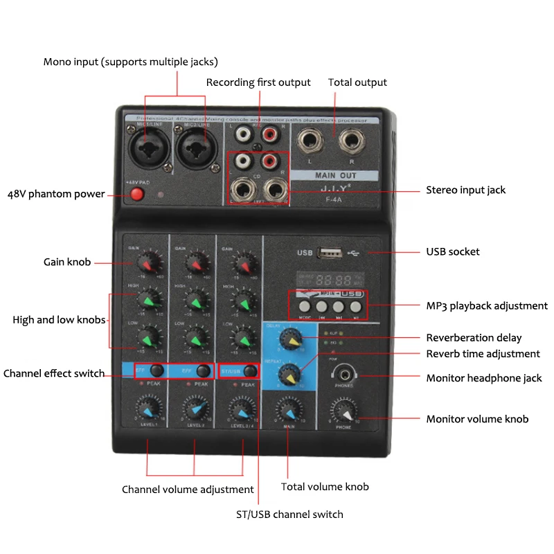 

Sound Card Audio Mixer Amplifier Console 4 Channels Mini USB Bluetooth Record Phantom For DJ Creation