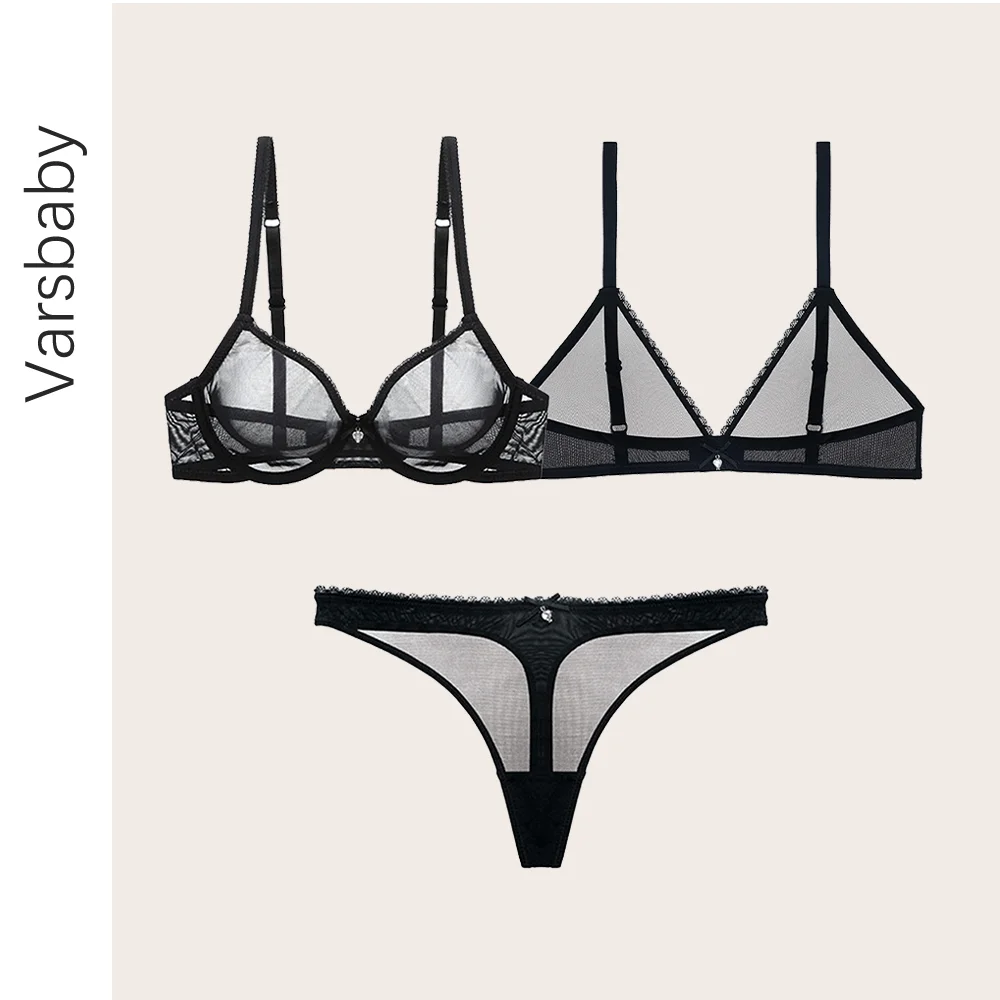 

Varsbaby sexy transparent deep V 2 bras+thongs 3pcs 32BC-38BCD bow underwear set for ladies