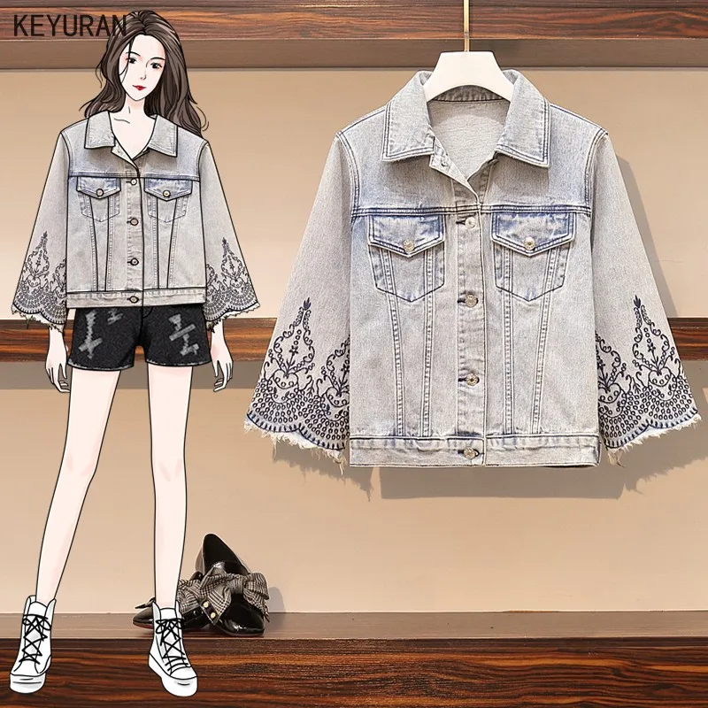 Женская джинсовая куртка с цветочной вышивкой повседневная шикарная свободная