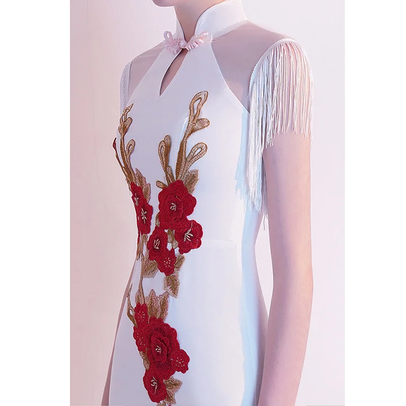 

Exquisite Embroidery Flower Lady Qipao Prom Dress Classic Chinese Style Elegant White Robe De Soiree Sexy Slim Mermaid Vestidos