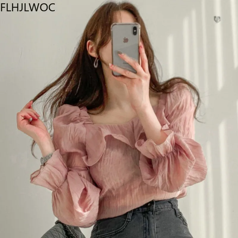 

South Korea Chic Sweet Square Collar Temperament Shirt Women Summer Retro Hong Kong Flavor Folds Puff Sleeve Top Blouses