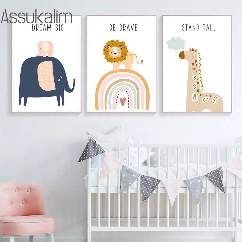 

Nursery Canvas Painting Elephant Wall Posters Rainbow Art Prints Lion Poster Giraffe Print Nordic Wall Pictures Kids Room Decor