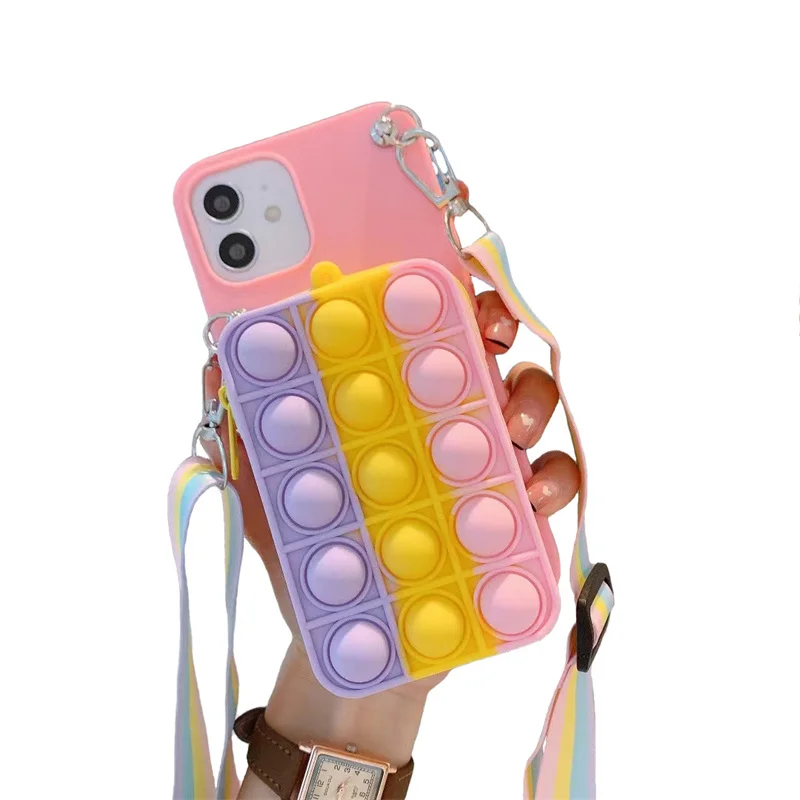 

Fashion Push Pop It Cute Phone Wallet Shoulder Strap Soft Silicone Case Coin Purse Bubble Squeeze Bag Handbags for Iphone X/XS