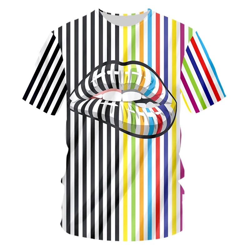CJLM New 3D Lips Stripes Man O Neck Tshirt Printed Mens Gothic Tee Shirt Hot Sale Unisex T-shirt Recommend | Мужская одежда