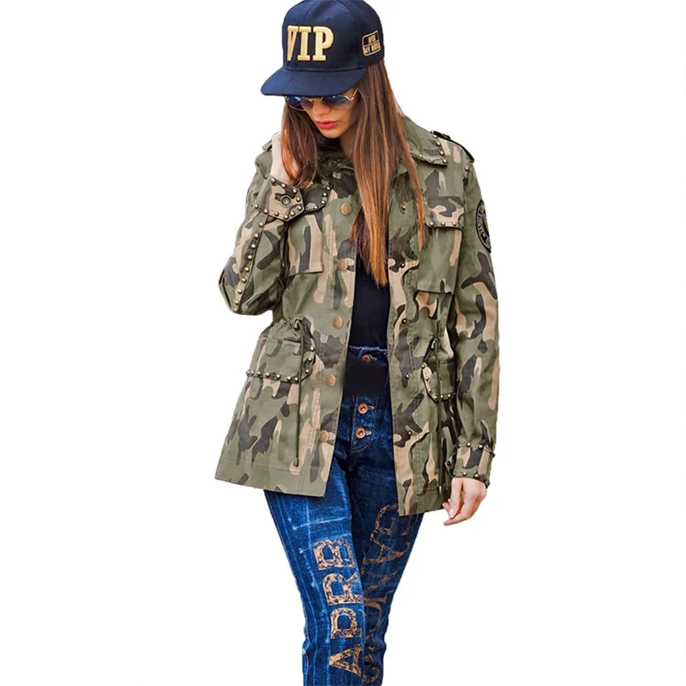 Women's Fall/Winter Lapel Slim Coat Streetwear Fashion Camouflage Print Rivet Patch Long Sleeve Oversized Jacket S-5XL