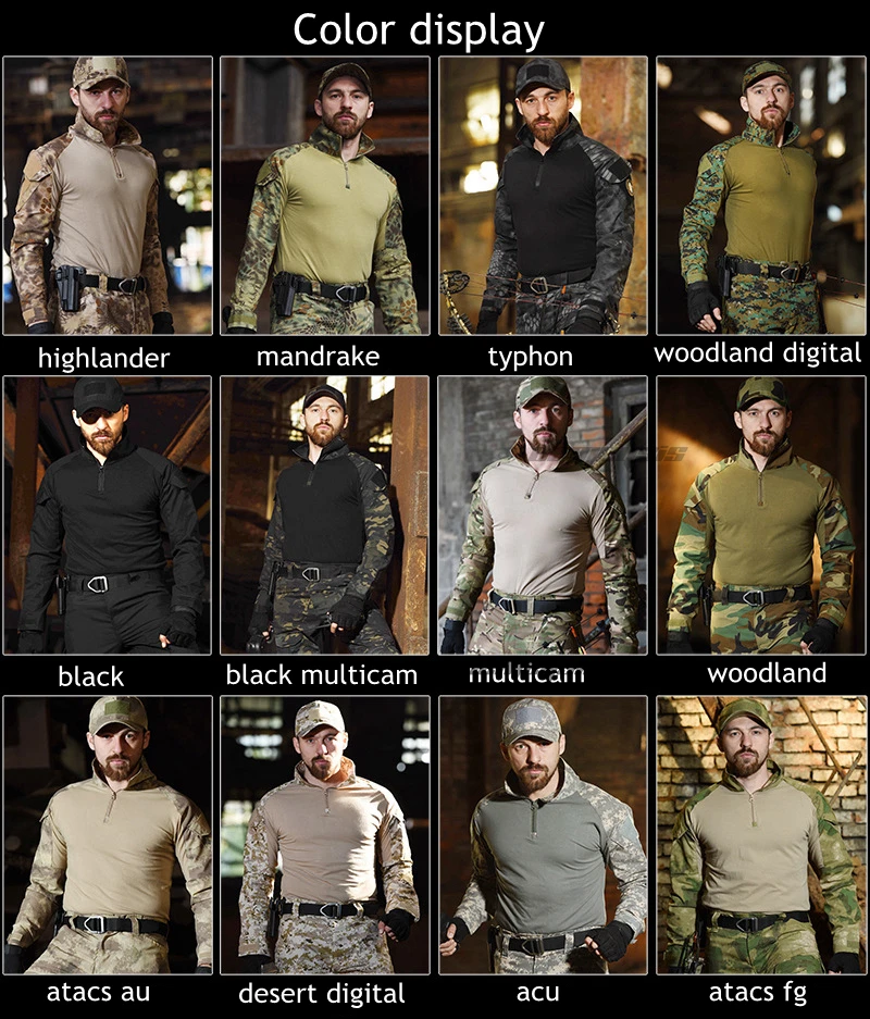 

Camouflage Army Tactical Shirts Comfortable Hiking Hunting Long Sleeve Shirts Military Airsoft Shooting Shirts with Elbow Pads