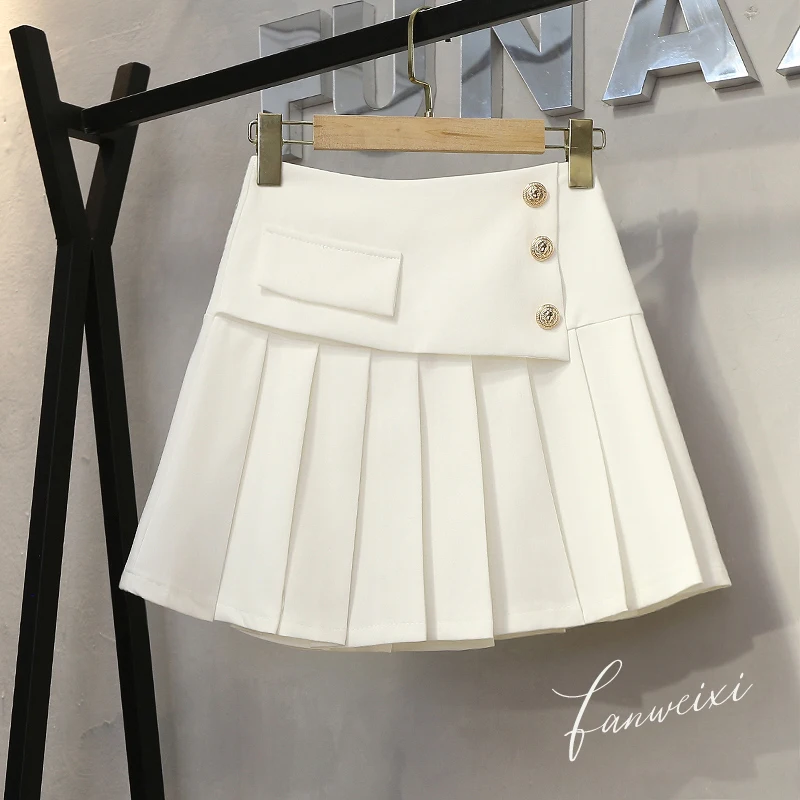 

2021 Spring Summer New Korean Style High Waist Slimming Solid Short Skirt A- Line Hip-Wrapped Women Irregular Pleated Mini Skirt