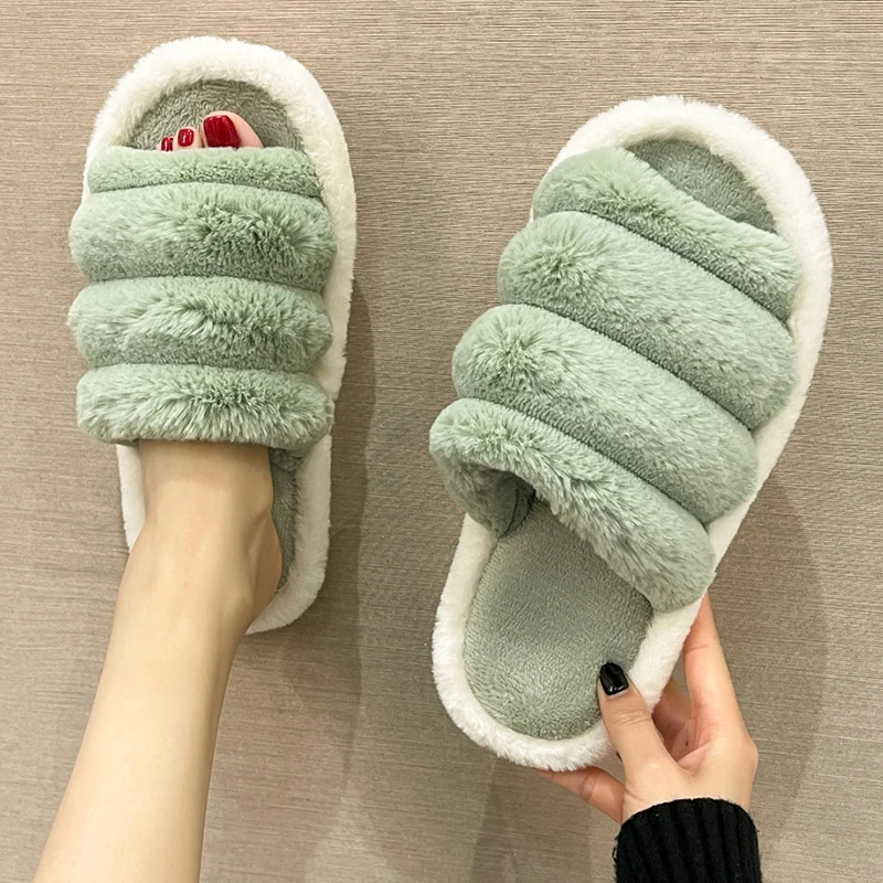 

Мягкие плюшевые зимние комнатные женские меховые тапочки, удобные короткие плюшевые теплые шлепанцы на плоской подошве, шлепанцы для женщи...