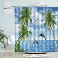 ocean scenery shower curtain dolphin animal tropical green plant palm leaf hawaii natural landscape bathroom waterproof screen