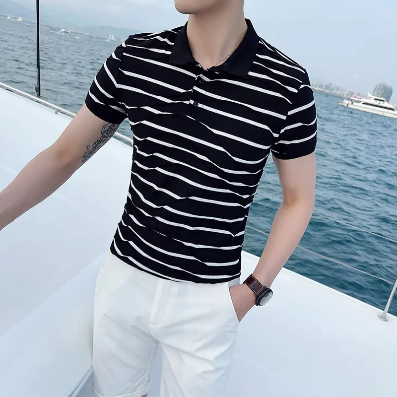 

2021 Summer Men Casual POLO Shirts Short Sleeved Striped Slim Lapel POLO Shirt Design Tops Business England Social Male Clothing