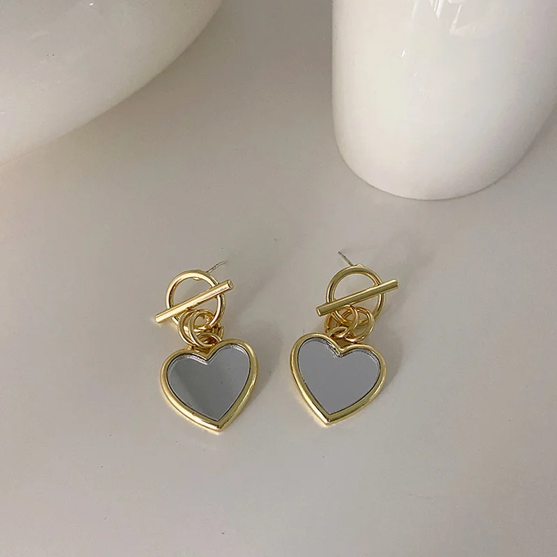 

Minar French Mirror Surface Love Heart Earrings for Women Lady Gold Color Metal Toggle Clasp Circle Hanging Dangle Earrings Gift