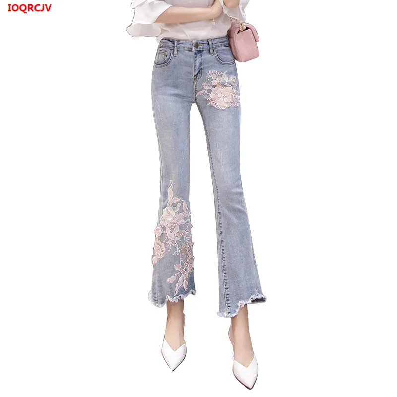 

New Women's Jeans 2020 Spring Autumn New Fashion High Waist Embroidered Denim Pants Women Beading Flared Cowboy Trousers W1821