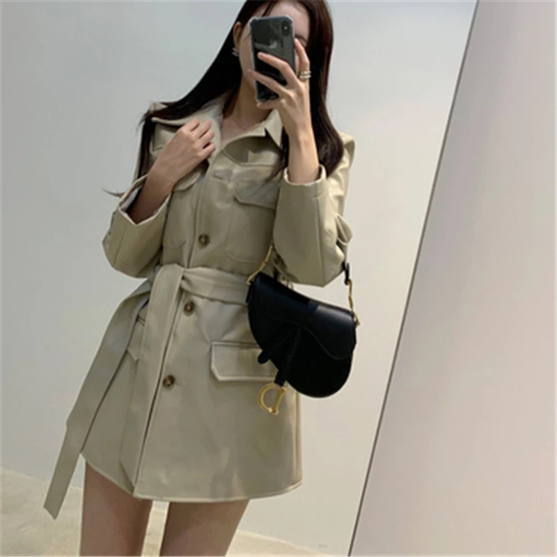 Leather Women 2019 New Spring Autumn Long Paragraph Single-Breasted Ties Belt Multi-Pocket Locomotive Casual Jacket Tide | Женская