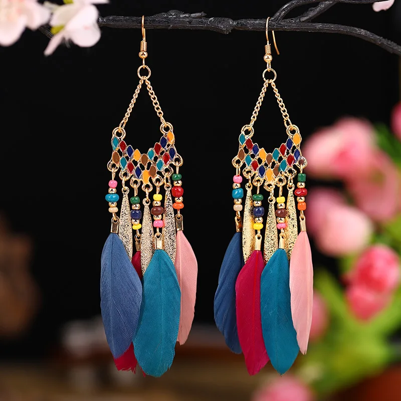 

Bohemian Colorful Long Feather Earrings For Women Vintage Ethnic Rice Beads Metal Leaf Tassel Earrings Female Wedding Jewelry