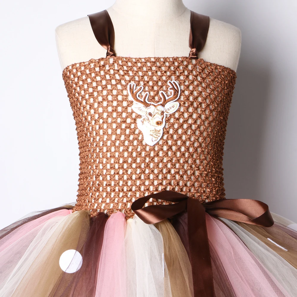 Платье-пачка для девочек коричневое с оленями на Рождество Хэллоуин детское