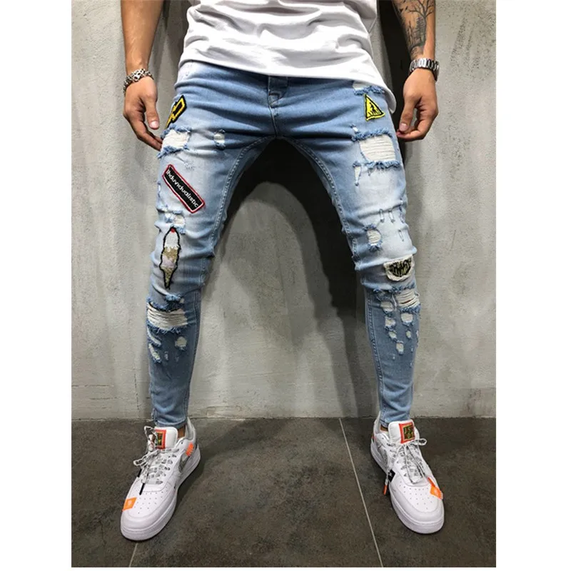 2020 новые модные тонкие мужские джинсы с вышивкой на молнии хип хоп байкерские