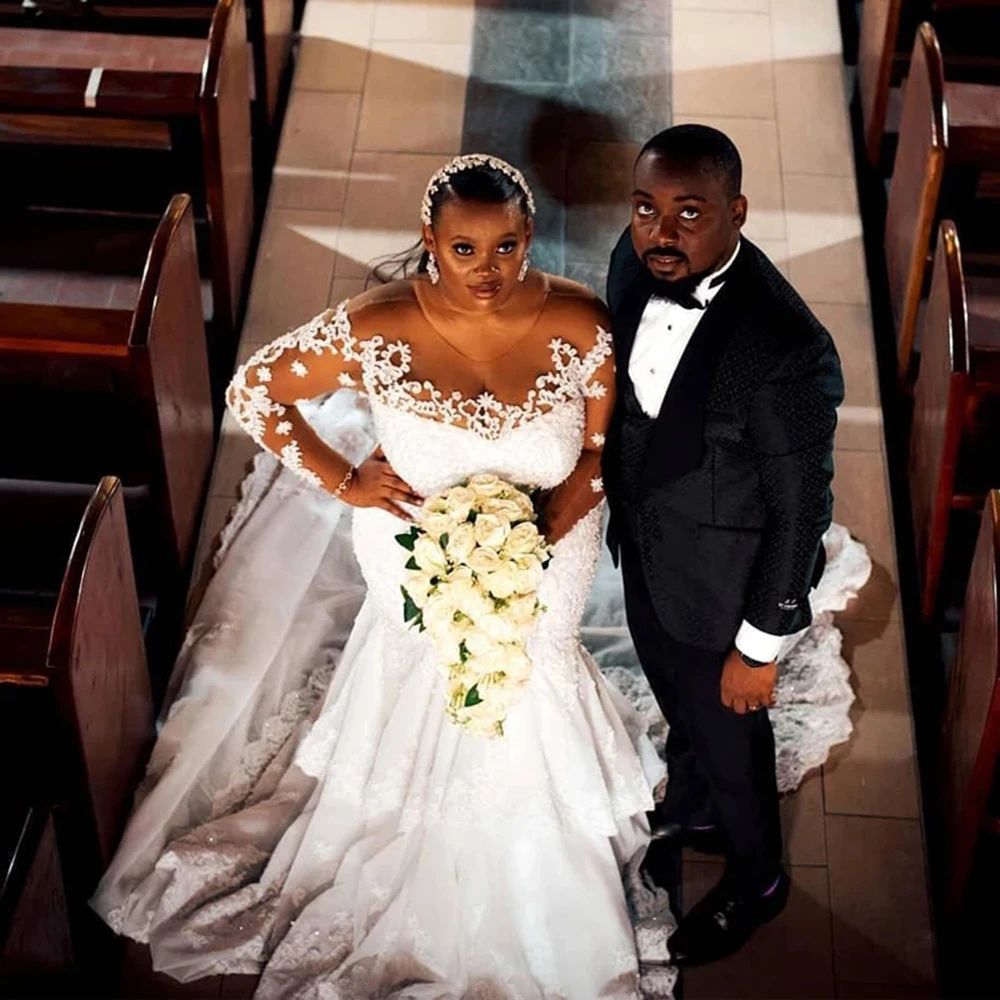 

WUZHIYI African Black Girl Mermaid Wedding Dress Coffee Tulle Skin Full Sleeves White Appliques Bride Marriage Bridal Gowns 2022