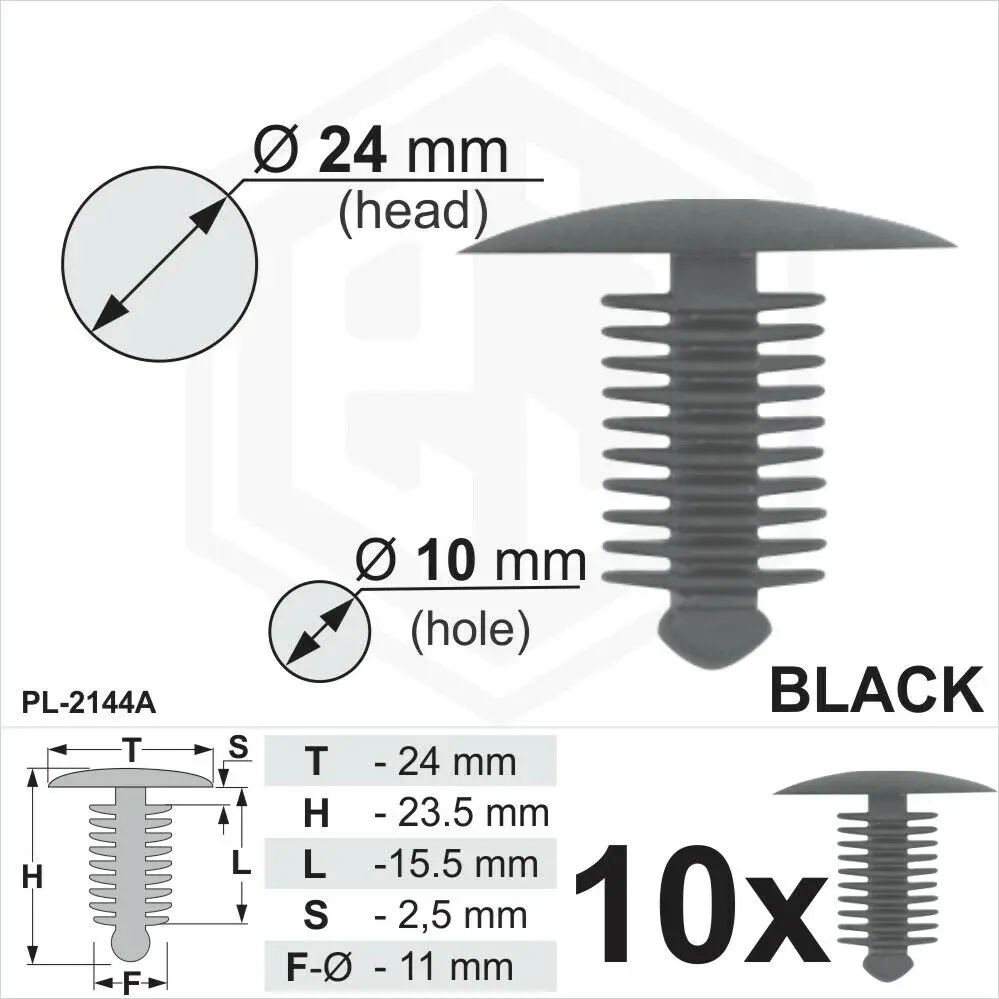 

10x Black Plastic Fir Tree Trim Spruce Clips 10mm Hole, 24mm Head Car Fasteners