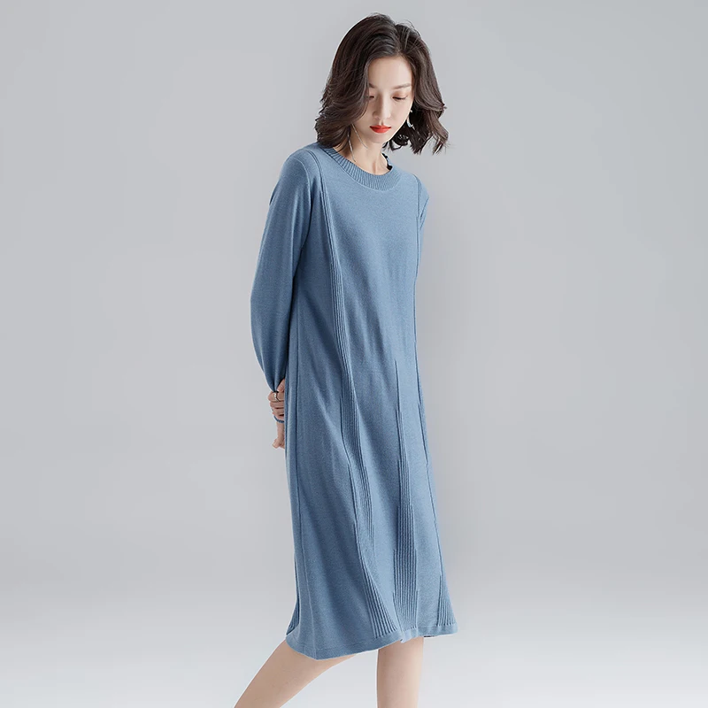 

New Luxury Women Wool Dress O-Neck Sweater Pullovers Elegant Slim Lady Solid Color Long Knit Clothing Free Shippig