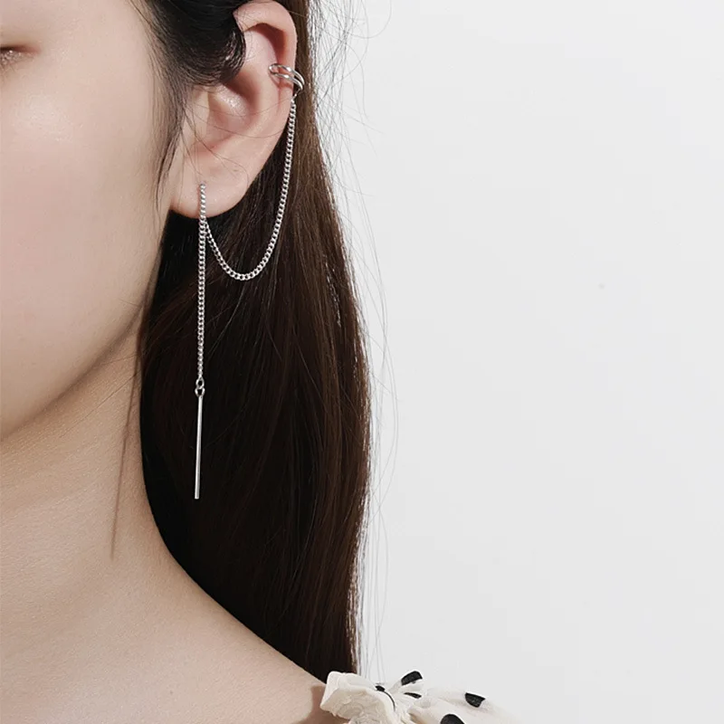 925 пробы серебряные серьги личности дизайн ухо клип круг Длинная цепочка уха