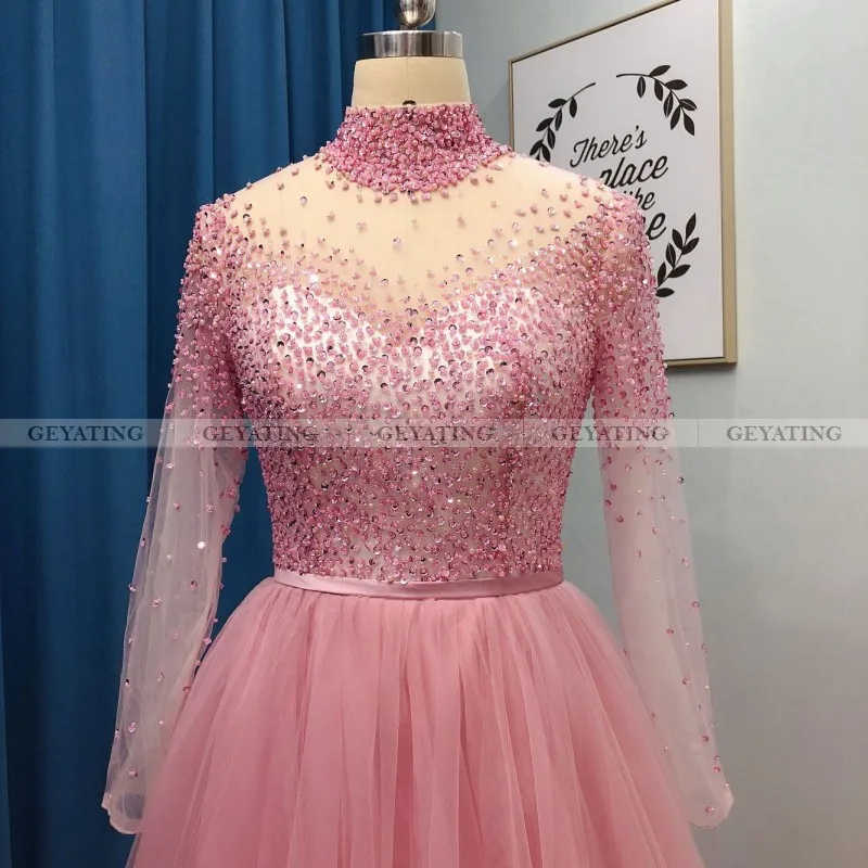 Элегантное розовое пыльное мусульманское вечернее платье с высоким воротником и