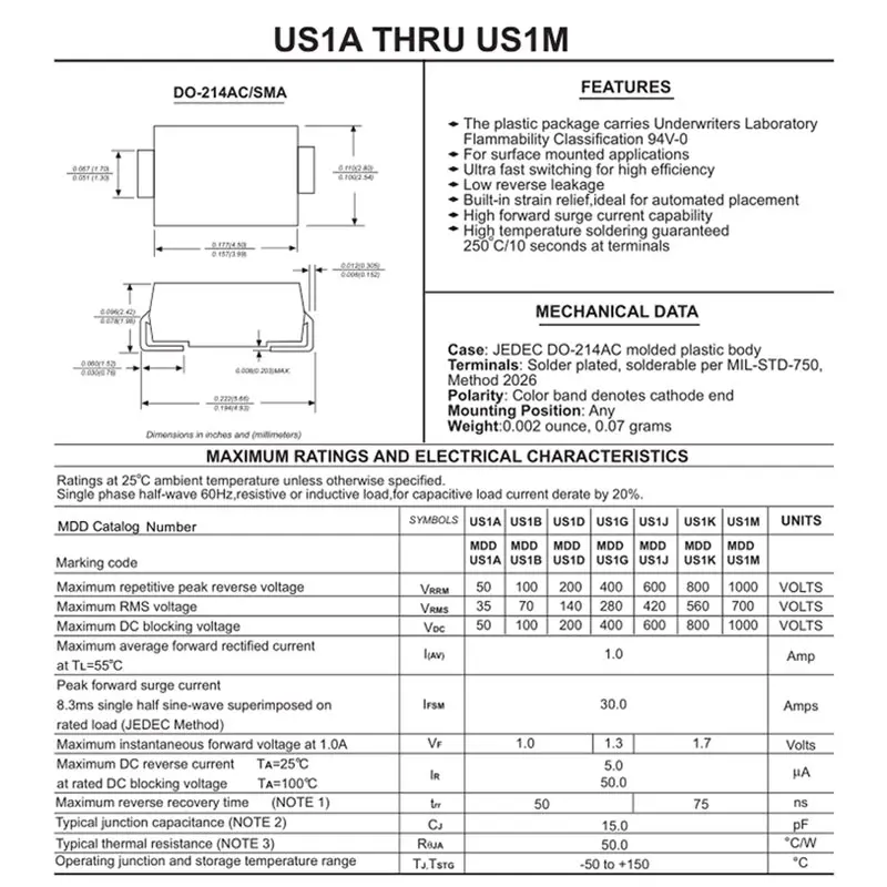 50 шт. SMD ультра быстрое восстановление выпрямительного диода US2G US1M US1J US1G US1D US2J 1A с