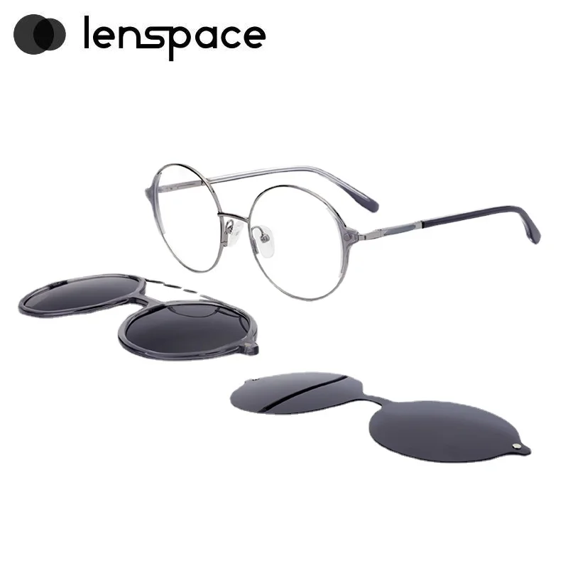 

LENSPACE 3 In 1 Vintage Round Polarized Sunglasses UV400 Women Clip on Brand Designer Men Myopia Prescription Glasses 69957