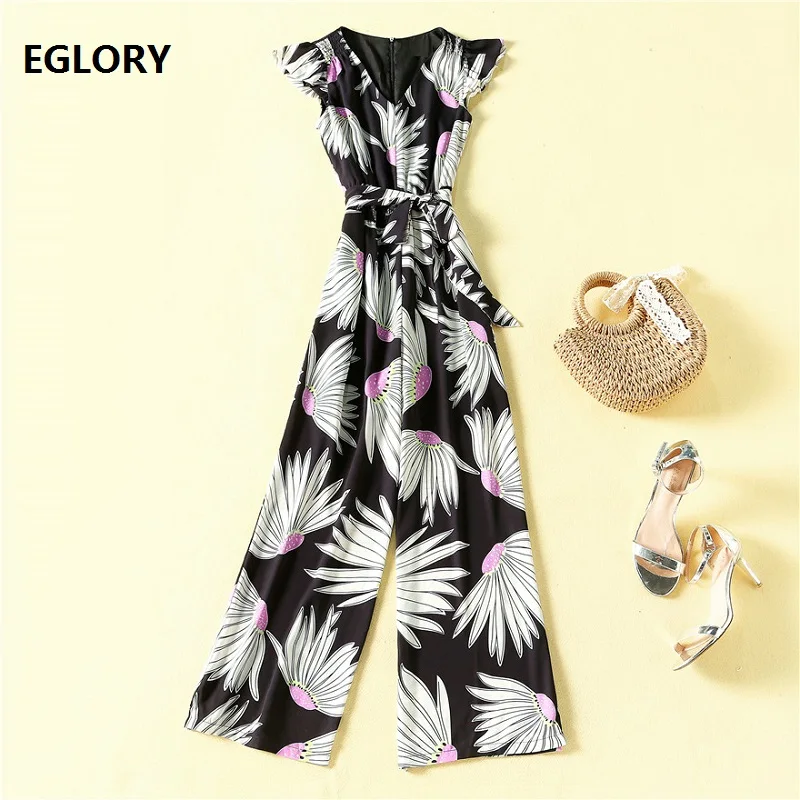 High Quality New Jumpsuits 2021 Spring Summer Casual Jumpsuit Women V-Neck Runway Prints Sleeveless Long Bodysuit Ladies Overall