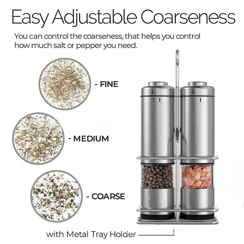 2PCS Pepper mill Электрическая мельница для перца, соль и шлифовальная машина, набор с подставкой из нержавеющей стали, светодиодный светильник, регулируемая батарея, керамическая Автоматическая шлифовальная машина для соли - Цвет: 2PCS Pepper mill