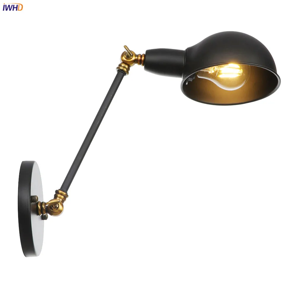 IWHD Single Swing Long Arm Wall Light Bedroom Cafe Stair Black Retro Loft Industrial Vintage Wall Lamp LED Applique Murale